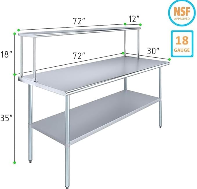 Stainless Steel Work Table with Wide Single Tier Overshelf | Metal Kitchen Prep Table & Shelving Combo (30" x 72" Work Table + 12" Overshelf)