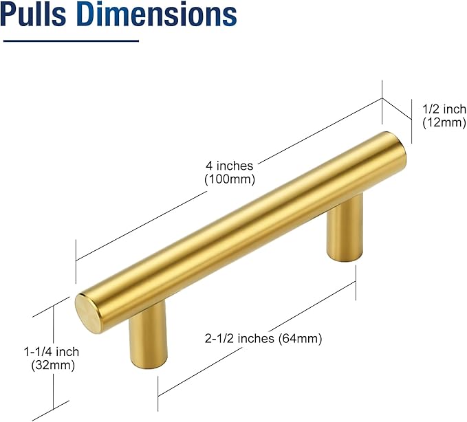 JOY DECOR 30 Pack 4 Inch Cabinet Pulls Kitchen Cabinet Handles with 2-1/2 Inch Hole Center Brushed Brass Cabinet Hardware Stainless Steel Kitchen Drawer Pulls for Cabinets Cupboard, 64mm Hole Centers