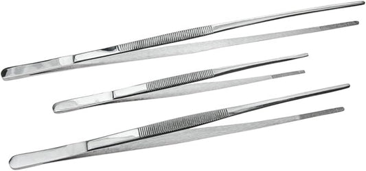 SE 3-Piece Stainless Steel Tweezer Set with Serrated Tips - Includes 8", 10", and 12" Sizes for Precision Work and General Use TW2-408