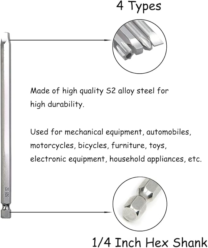 30pcs 100mm Long Screwdriver Drive Bits Magnetic Drill Bit Set 1/4 Inch Hex Shank S2 Steel Security Screw Bit Kit Power Tools (Slotted + Cross + Square + Torx Bits)