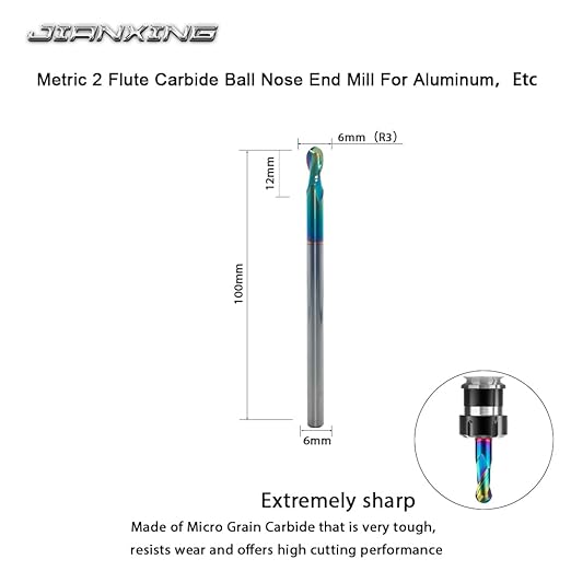 6mm R3 Extra Long DLC Coated 2-Flute Carbide Ball Nose End Mill, 100mm OAL, Ideal for Aluminum, Copper Alloys & Plastic Machining?밐igh Precision & Wear-Resistant Cutting Tool (1 Pack)