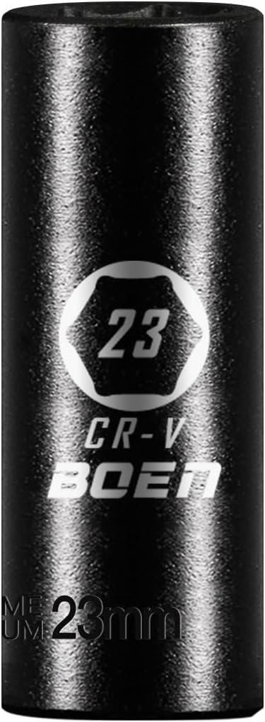 BOEN 1/2" Drive Deep Impact Sockets, Premium Impact Socket, 23mm Socket, Metric, 6 Point, Cr-V Steel with Laser Marking - Strong and Durable