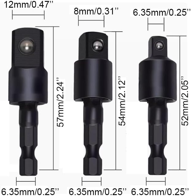 4-in-1 Impact Drill Bit Extension Set with a 105째 angle screwdriver bit, right angle drill adaptor, and 360째 rotatable socket adapters for 1/4", 3/8", and 1/2" sizes
