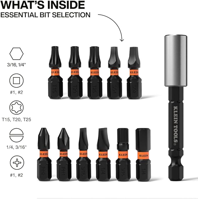 Klein Tools 33801S Impact Driver Bit Set, 12-Piece, S2 Steel, MODbox Compatible Storage Case, Magnetic Bit Holder, Professional Driver Bits