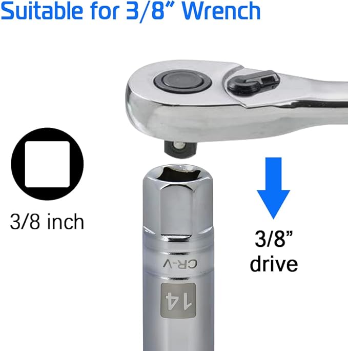 14mm Thin Wall Magnetic Spark Plug Socket 3/8 Inch Drive 12-Point Spark Plug Socket Compatible with Motorcycle, Car, SUV, BMW, Nissan, Mini, Mercedes