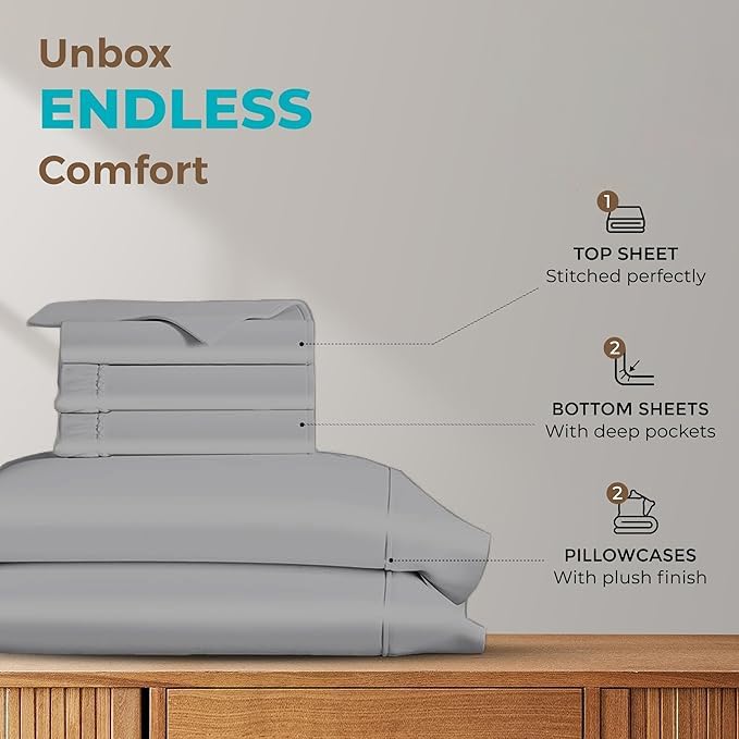 Split Queen Sheets for Adjustable Beds 5-Piece Split Queen Sheet Set, 800 Thread Count 100% Egyptian Cotton,18" Deep Pocket Adjustable Bed Sheets, Silver Solid
