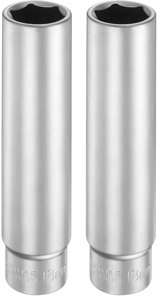 HARFINGTON 2pcs 6 Points Deep Socket 1/2" Drive 18mm Deep Metric CR-V Steel Polished Nickel Plating Flip Sleeve 120mm / 4.7" Extra Long Socket Tool for Home Auto Nuts Bolts Repair