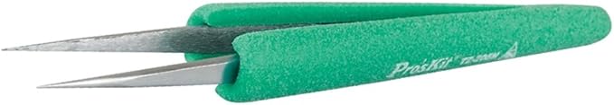 Pro'sKit ESD Anti-static Tweezers TZ-205N Antimagnetic Stainless Steel Fine Tip Straight Professional Repair Tool with Soft Handle for Jewelry, Watch, Electronics, Precision Industries (140.5mm)