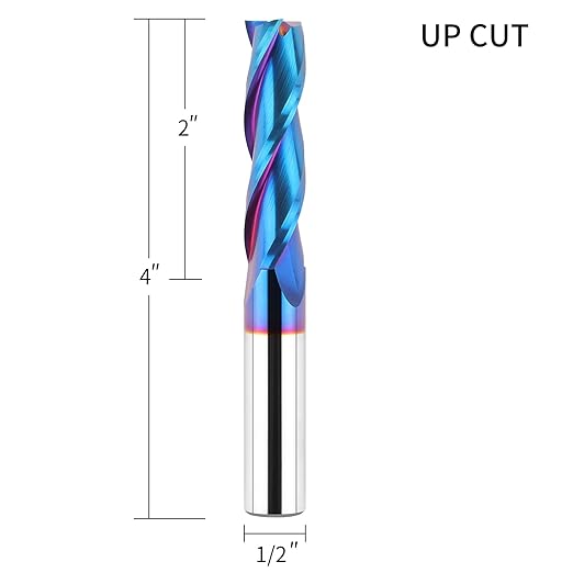 Upcut Spiral Router Bit 3-Flute with 1/2??Shank, Extra Long (4 inch), 1/2??Cutting Diameter, 2??Cutting Length, Carbide CNC Router Bits nACo Coated End Mill for Wood Mortises Carving Engraving