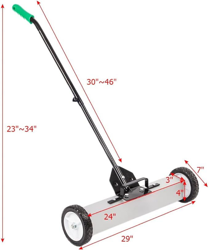 24-Inch Rolling Magnetic Pick-Up Sweeper with Wheels, with Quick Release Latch and Adjustable Long Handle, for Nails Needles Screws Collection, Great for Yard Grass Carpet and Concrete Floor