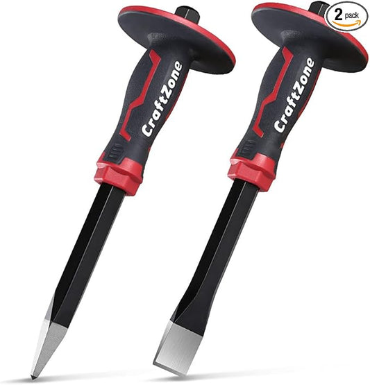 Masonry Chisel Set - 2-Piece Heavy Duty Pointed & Flat Rock Chisels, Concrete Stone Chisel with Hand Protection for Brick Breaking Carving Splitting Cutting Mason Tools