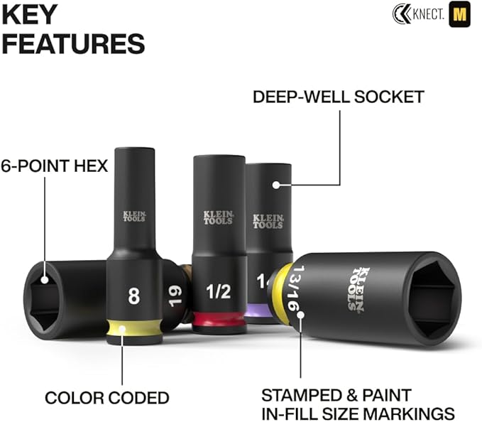 Klein Tools 65121IMPCT KNECT Deep-Well 3/8-Inch Drive Impact Socket Set, SAE and Metric, 23-Piece Tool Set, Impact Driver Adapter, Multi-Purpose Wrench Adapter, Color-Coded, MODbox Socket Organizer