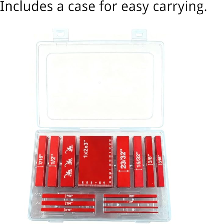 15-Piece Imperial Aluminum Gauge Block Set for Woodworking, Red, 1/16" to 1-31/32" Range, Precision Calibration with Laser Etched Font, Includes Storage Case