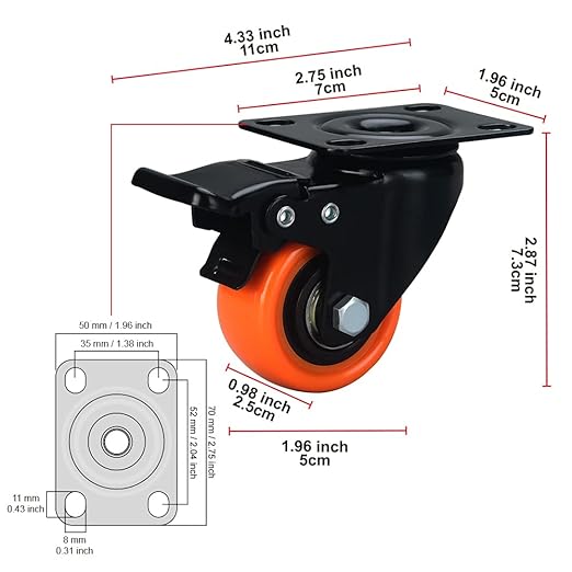 2" Caster Wheels, Casters Set of 8 Heavy Duty - ASRINIEY Orange PU Castors, Top Plate Swivel Wheels, 8-Pack Industrial Casters with Brake, Locking Casters for Furniture and Workbench