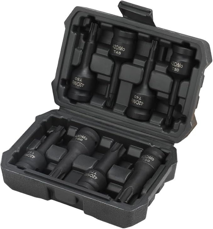 Hoteche 8-Piece 1/2" Drive Impact Torx Bit Socket Set | T30?밫80 | Cr-Mo Steel, Black Phosphate Finish, Laser-Etched, Heavy-Duty Storage Case