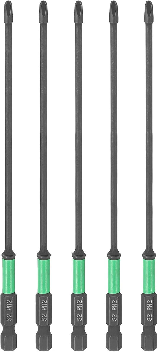 HARFINGTON 5pcs #2 Impact Phillips Screwdriver Bit PH2 1/4" Hex Shank 6" (150mm) Length 0.12" Rod Magnetic Cross Head Drill Bits S2 Steel Industrial Screw Drivers for Impact Power Tools