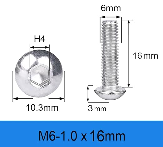 Metuja M6-1.0x16mm Button Head Socket Cap Bolts Screws竊?0pcs竊? Stainless Steel, Full Thread, Silver, Allen Hex Drive