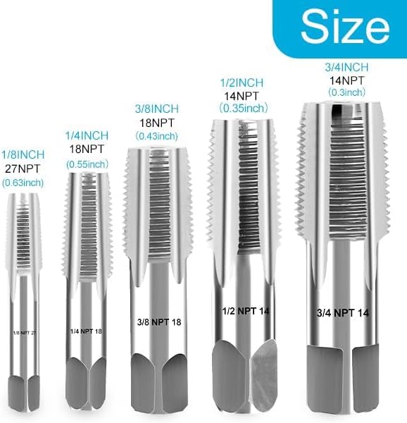 5Pieces NPT Pipe Tap Set, 1/8", 3/4", 1/2", 3/8", 1/4" Precision Carbon Steel NPT Tap Set, for Clean Accurate Threads, Assorted Plumbers Mechanics DIY Thread Cutting Tools