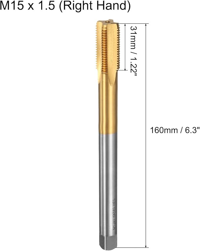 uxcell Metric Thread Tap M15 x 1.5 H2 160mm Straight Flute Screw Thread Milling Machine Taps Threading Tapping Repair Tool