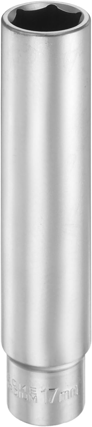 HARFINGTON 6 Points Deep Socket 3/8" Drive 17mm Deep Metric CR-V Steel Polished Nickel Plating Flip Sleeve 120mm / 4.7" Extra Long Socket Tool for Home Auto Nuts Bolts Repair