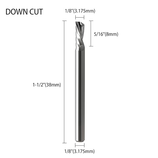 1/8 CNC Router Bits O Flute End Mill 1/8 Shank,5/16 Inch Cutting Length Downcut CNC Bits Carbide Spiral Single Flute Downcut Bit for Acrylic PVC MDF Wood