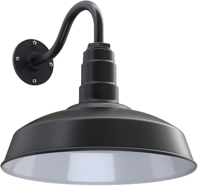 Steel Lighting Co. | Dusk to Dawn | Gardena Barn Light | Outdoor Wall Mounted | 16" Dome | 11" Gooseneck | Farmhouse Light Made in America | Matte Black Exterior/White Interior