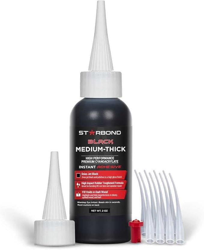 STARBOND Black Medium-Thick CA Glue Pro Kit (2 oz) ??Rubber-Toughened, Impact-Resistant Cyanoacrylate Super Glue ??for Durable Knot Filling, Crack Repair, Woodworking, Guitar, Hobby & RC Projects