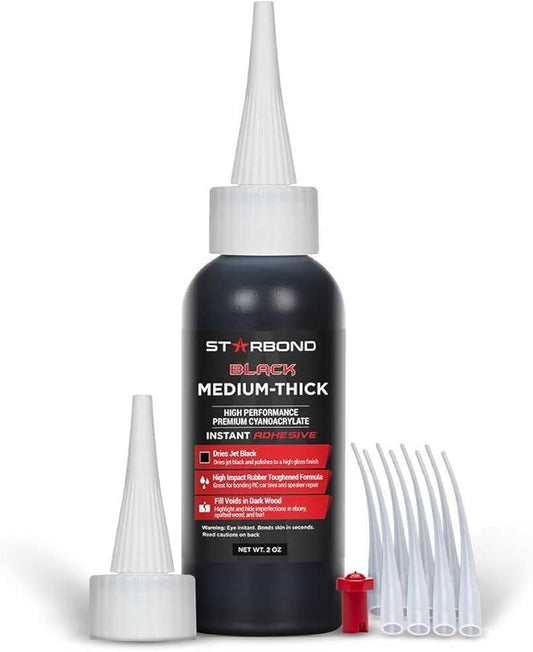 STARBOND Black Medium-Thick CA Glue Pro Kit (2 oz) ??Rubber-Toughened, Impact-Resistant Cyanoacrylate Super Glue ??for Durable Knot Filling, Crack Repair, Woodworking, Guitar, Hobby & RC Projects