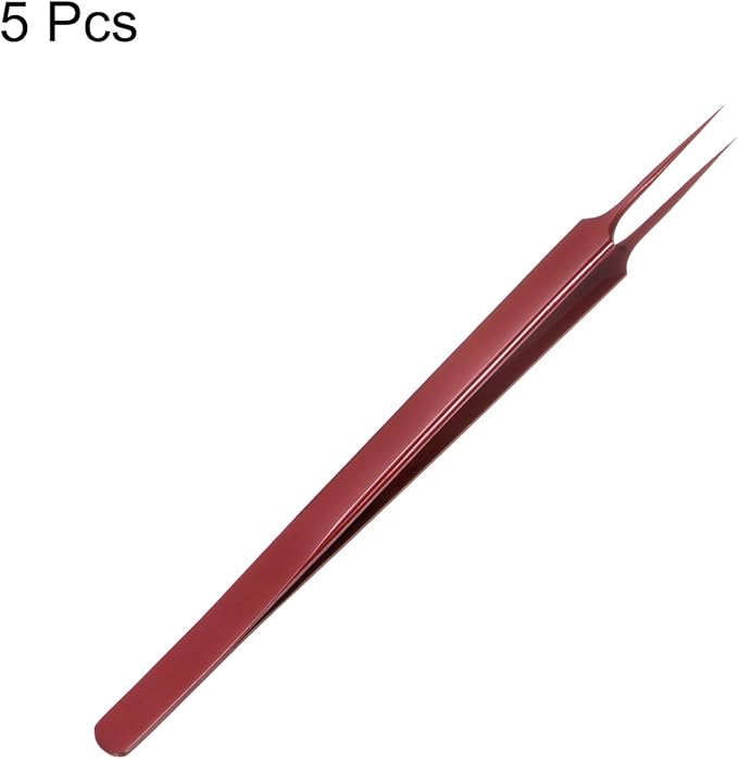 HARFINGTON 5pcs Stainless Steel Precision Tweezers 6.3 Inch Long Handle Pointed Tip Tweezers Multi Purpose for Craft Industrial Work Laboratory Use, Red