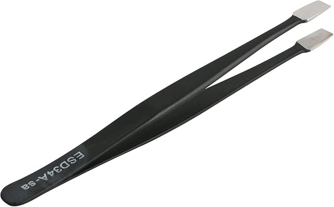 Aoje-Link ESD-34a Professional Anti-Static Precision Technology Tweezers, Non-magnetic Flat Straight, Stainless Steel Plastic Coated, Full Length 120mm, Black, 5pcs