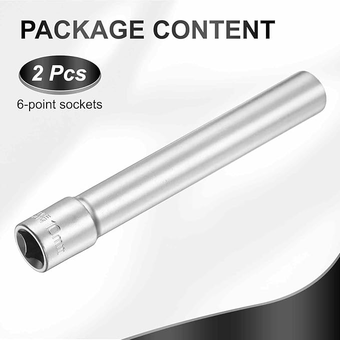 HARFINGTON 2pcs 6 Points Deep Socket 3/8" Drive 10mm Deep Metric CR-V Steel Polished Nickel Plating Flip Sleeve 120mm / 4.7" Extra Long Socket Tool for Home Auto Nuts Bolts Repair