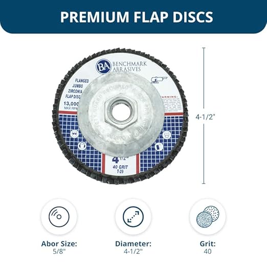 Benchmark Abrasives 4.5" x 5/8"-11 Premium High Density Jumbo Zirconia Type 29 Flap Discs 4 1/2 for Angle Grinder, Sanding Discs, Finishing - Grinding Wheels 4 1/2 Inch (10 Pack) - 40 Grit