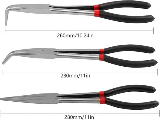 3 Pcs Needle Nose Pliers Set11 Inch Carbon Steel Long Reach Pliers Non-slip Straight 25째/45째/90째 Bent Nose O-Shaped Circle Pliers for Machinist Engineer Narrow Spaces