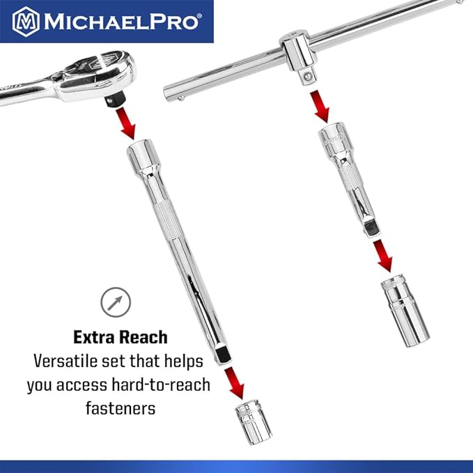 MichaelPro 57-Piece 1/2'' Drive Socket Set, 90-Tooth Standard & Deep Sockets, SAE 3/8''- 1-1/4'' & Metric 10-32mm, with Extension Bars, Sliding T-Bar, Universal Joint ??CR-V Steel | MP005061