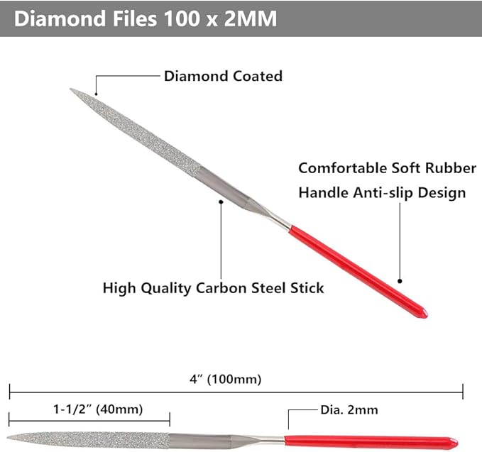 YAKAMOZ 10-Piece Mini Diamond Needle File Set 2x100mm Small Metal Riffler Files Jewelers File Precision Hand Tools for Glass Wood Stone Jewelry - Round Triangular Square Flat Shape