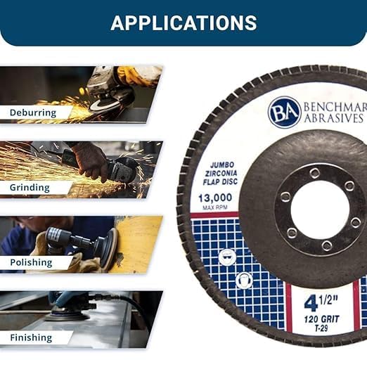 Benchmark Abrasives 4.5" x 7/8" Premium High Density Jumbo Zirconia Type 29 Flap Discs, Sanding Rust Removal Finishing Grinding Deburring Blending Abrasive Grinder Discs (100 Pack) - 120 Grit