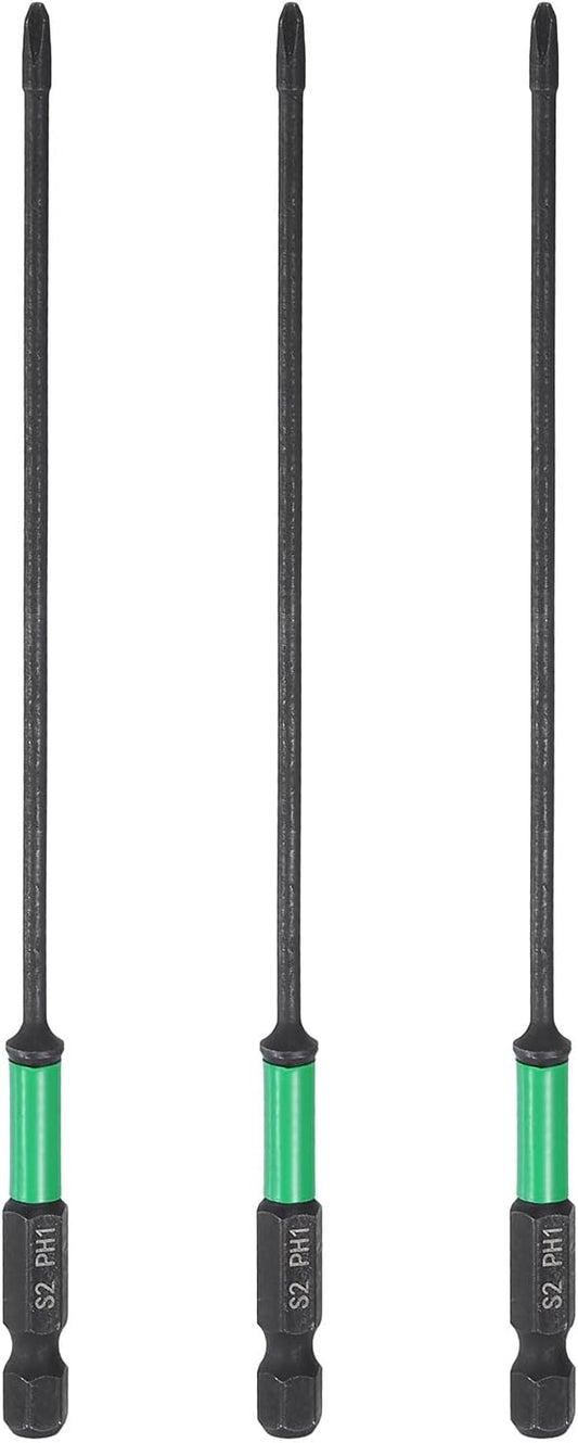 HARFINGTON 3pcs #1 Impact Phillips Screwdriver Bit PH1 1/4" Hex Shank 6" (150mm) Long 0.1" Rod Magnetic Cross Head Drill Bits S2 Steel Industrial Screw Driver for Impact Power Drivers