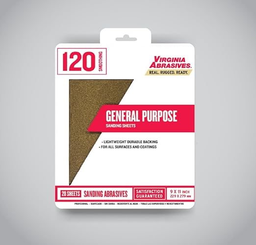 Virginia Abrasives 9??x 11??General Purpose Sandpaper Sanding Sheets, 120 grit, 20 Pack