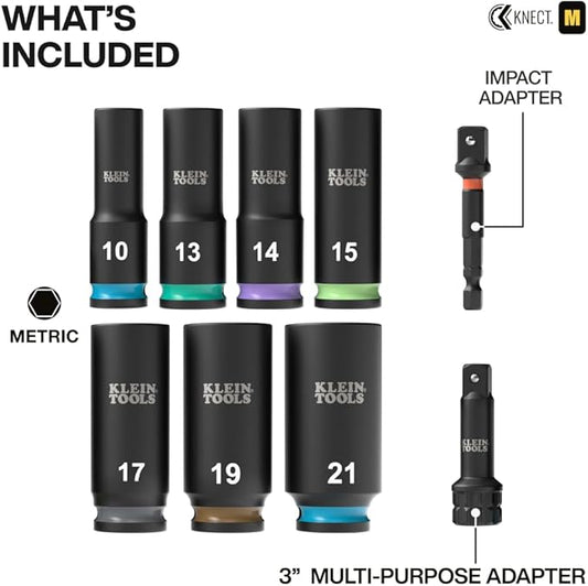 Klein Tools 65109IMPCTM KNECT Deep-Well 3/8-Inch Drive Impact Socket Set, Metric, 9-Piece Tool Set with Impact Driver Adapter, Multi-Purpose Wrench Adapter, Color-Coded, MODbox Socket Organizer