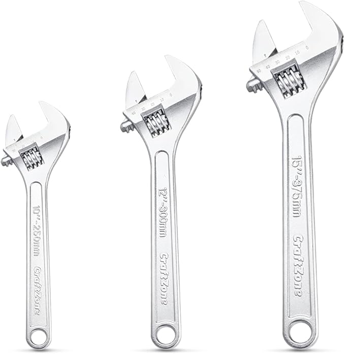 CRAFTZONE Adjustable Wrench Set, 3pc Wrench Set with SAE and Metric Scales, Heat-Treated Carbon Steel with Chrome Plated, Wide Jaw Wrenches for Home, Plumbing, Garage (10, 12, 15 Inch)