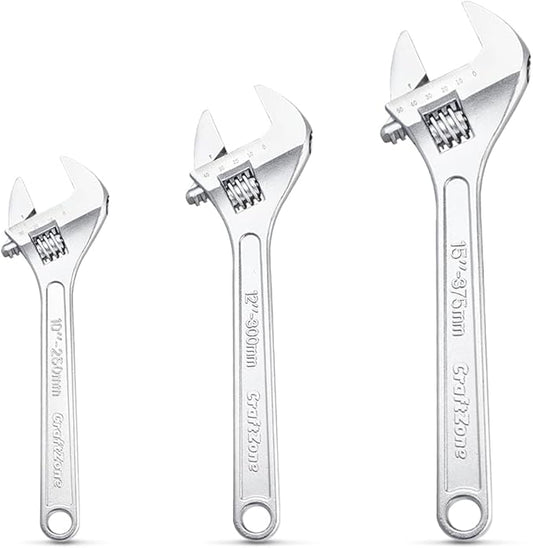 CRAFTZONE Adjustable Wrench Set, 3pc Wrench Set with SAE and Metric Scales, Heat-Treated Carbon Steel with Chrome Plated, Wide Jaw Wrenches for Home, Plumbing, Garage (10, 12, 15 Inch)