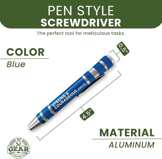 8-in-1 Pen Style Screwdriver ??Strong and Courageous, Josh 1:9 -Hidden 4.5" x 0.5" Pen Multitool with Screwdriver Bits, Storage Space & More - Christian Pocket Tools For Men