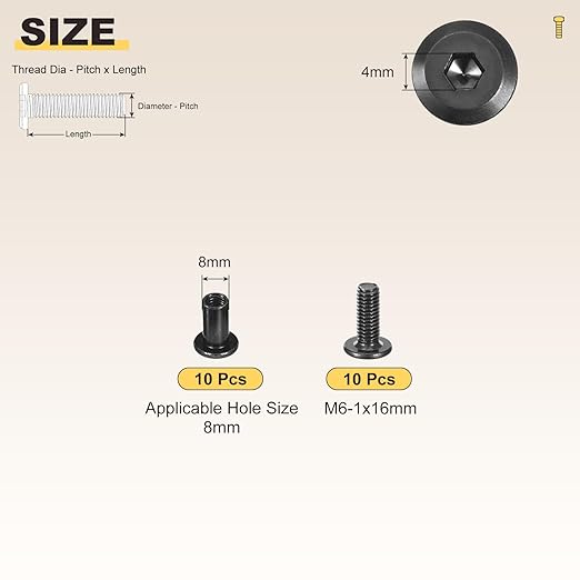 METALLIXITY Furniture Crib Screws Replacement Set(M6-1x16mm) 20Pcs, Connector Bolts M6 Screw Barrel Nuts Binding Screws, for Chair Cabinet Bed, Black