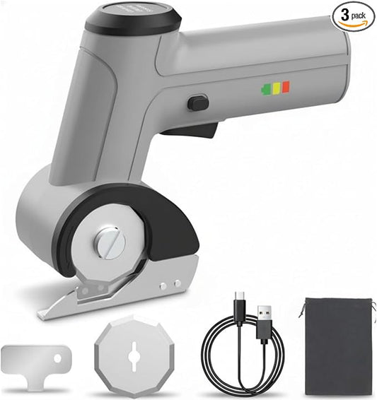4V Cordless Electric Scissors, [Upgraded] Power Rotary Cutter with 2 Blades & LED Light, Max Cut 1/4" for Cardboard Box/Thin Carpet/Plastic, Includes Storage Case & USB Cable
