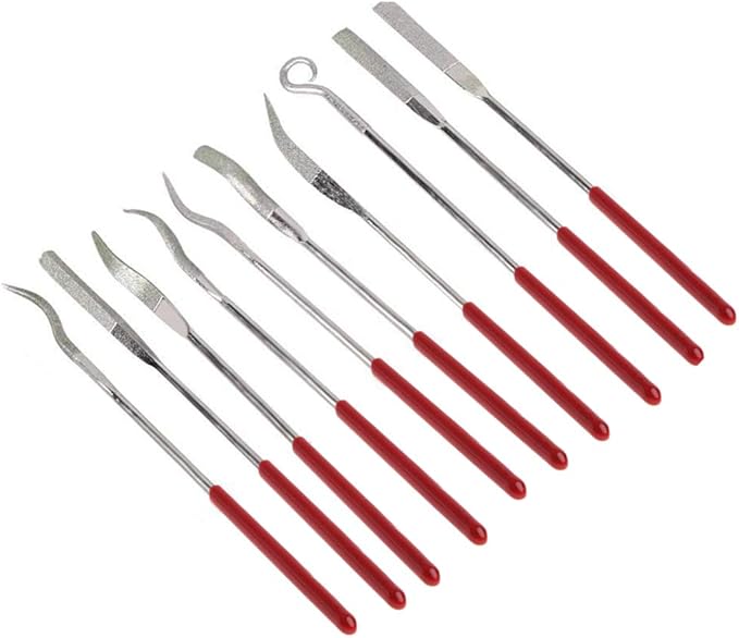 YAKAMOZ 10 Pcs Assorted Mini Diamond File Set Flat Needle Square Round Shape Rifler Files for Metal Jewelers Glass Wood Carving Craft Handy Curved Files Tool - 3x140mm
