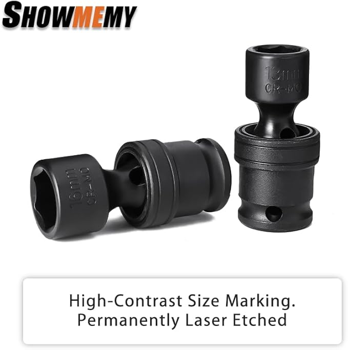 Drive Impact Universal Joint Socket Set, 6 Points, Shallow Swivel Socket Set, Cr-Mo Steel. Heavy Duty Storage Case (Metric 3/8", Metric 3/8")