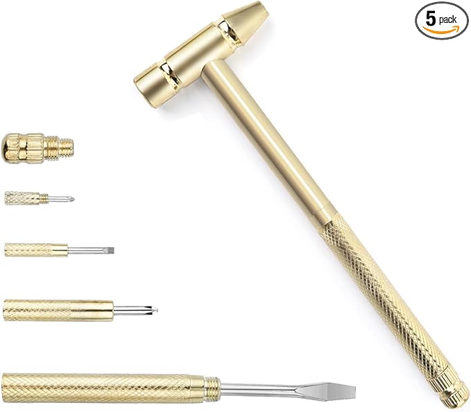 6-in-1 Micro Mini Multifunctional Anti-Corrosion and Anti-Rust Copper Hammer and Screwdriver Hand Tool, Mini Screwdriver Hammer is perfect for opening walnut repair drone phones (Yellow)