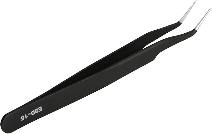 Aoje-Link ESD-15 Professional Anti-Static Precision Technology Tweezers, Non-magnetic Fine Tip Curved, Stainless Steel Plastic Coated, Full Length 120mm, Black, 5pcs