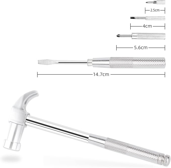 YOUMI 6 in 1 Silver Hammer & Screwdriver Tool Multitool Set Claw Hammer with Anti-Slip Grip Handle Slotted/Flat Head Phillips Screwdriver Nail Puller Best Gift for Family Friends Colleagues