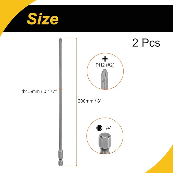2 Pcs Magnetic Phillips Screwdriver Bit PH2 1/4" Hex Shank 200mm Long 4.5mm Rod